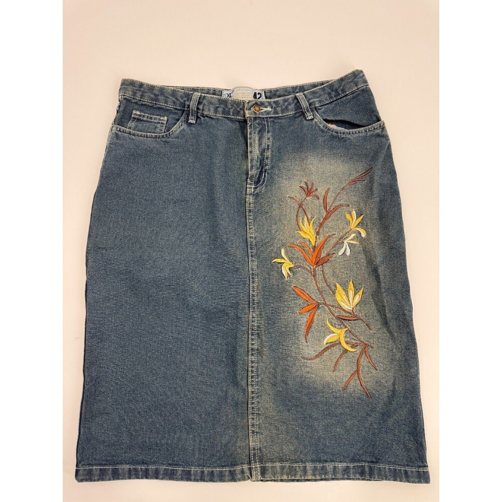3F Brand Knee-Length A-Line Denim Skirt Women 42 Blue Classic Floral Embroidery